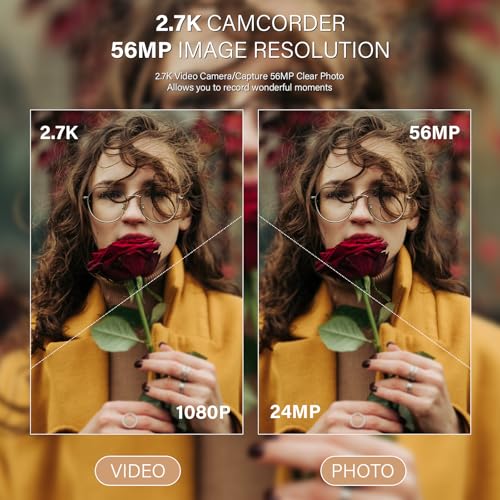 Camcorder Video Camera QHD 2.7K 56MP 16X Digital Zoom Vlogging Camera with LED Fill Light for YouTube, 2.8 Inch 270 Degree Rotation LCD Screen Camcorder with 32GB SD Card and Two Batteries - Image 3