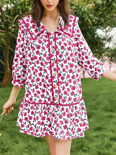 Image of Wenrine Womens Casual Shirt Dresses 3 /4 Long Sleeve Floral Button Down Flowy Babydoll Fall Mini Dress