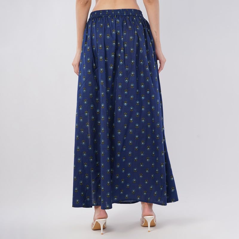 Rabhika Women’s Blue Patterned Pure Cotton Maxi Skirt, Lightweight Comfortable Long Skirt for Ethnic & Modern Wear| 2XL 1