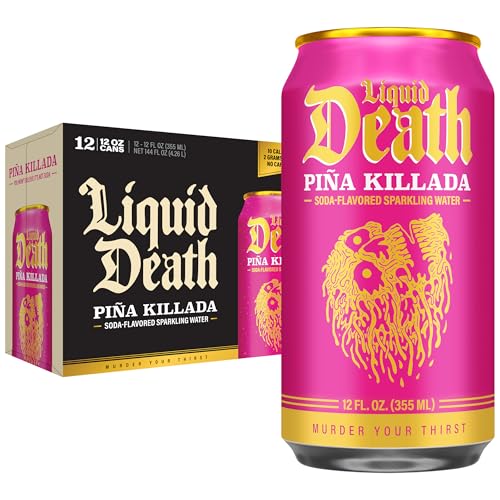Image of Liquid Death Soda-Flavored Sparkling Water - Pina Killada (Classic Pina Colada), Less Sugar*, Huge Flavor, No Caffeine, No Artificial Sweeteners, 12 Fl Oz (Pack of 12)