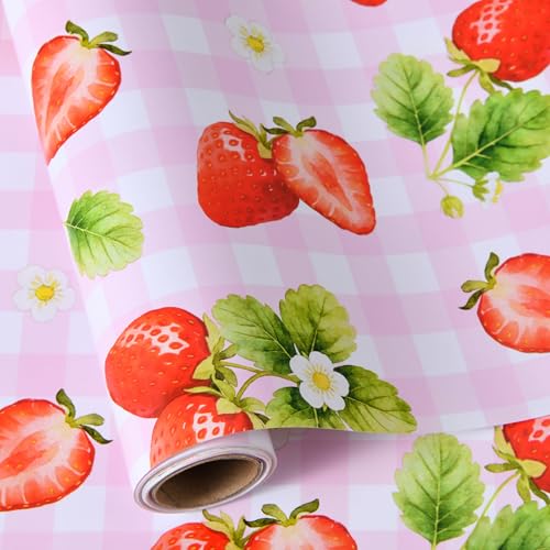 Sikiweiter Strawberry Wrapping Paper Roll - 17 x 16.5 ft - Cute Pink Plaid Gift Wrap for Birthday Baby Shower or Sweet Treat Theme Gifts(Strawberry)