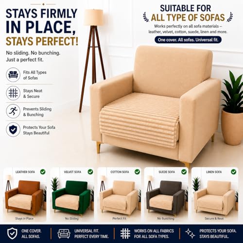 Image of Homerz Premium Rabbit Fur Sofa Cover with Anti-Skid Backing, Soft Plush Fabric Sofa Protector for Living Room Furniture (Beige, 1 Seater, Only Seat Cover)