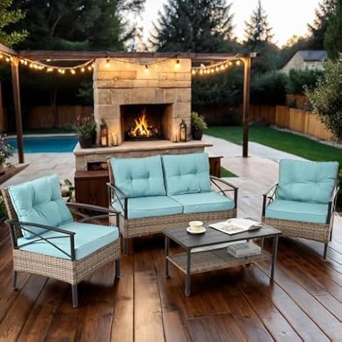 YIORTWO 4 Piece Patio Furniture Set Outdoor Conversation Furniture Sets, Wicker Patio Sectional Furniture with Waterproof Cushions and Coffee Table for Garden Poolside Balcony Porch, Blue Cover
