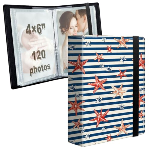 Image of Photo Album 4x6 120 Photos with Strong Elastic Band, Striped Starfish | Large Capacity Premium Leather Picture Album, Portable Wallet Albums Photo Book for Family Anniversaries Wedding Baby