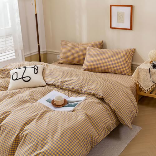 Image of LifeTB Gingham Comforter Set Full Modern Style Purple Yellow Grid Plaid Comforter Set Soft Fluffy Checkered Pattern Comforter with 2 Pillowcases Farmhouse Gingham Grid Bedding Comforter Breathable
