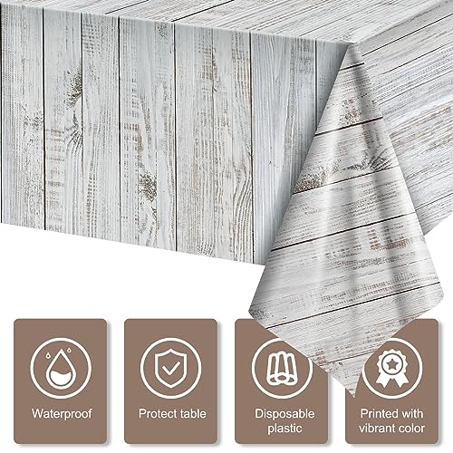 Image of Tatuo 3 Packs Natural Wood Grain Tablecloths Rustic Plastic Table Covers for Rectangle Table, Vintage Farmhouse Style Tablecloth Decorations for Western Barn Themed Birthday, 54 x 108 Inch (White)