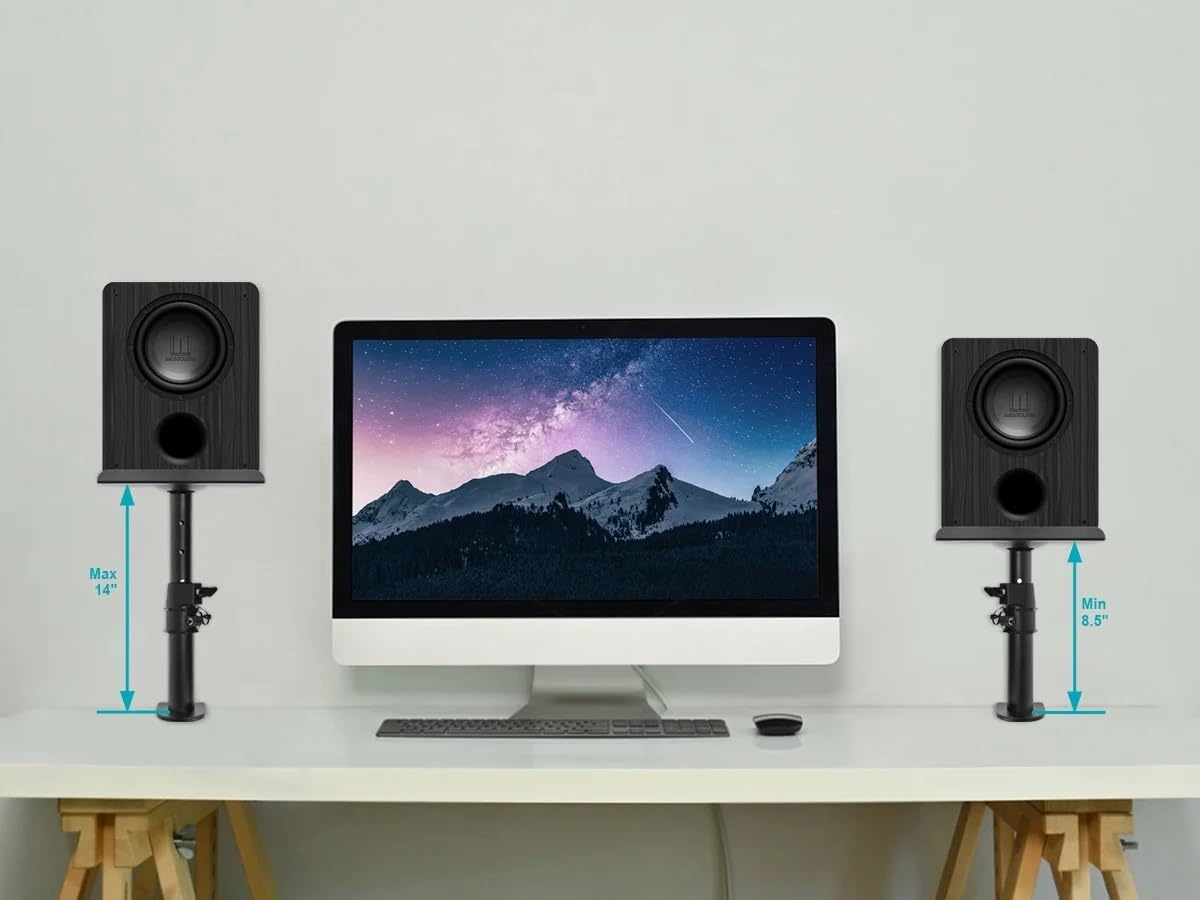 Vivo Universal Steel Clamp-On Desk / Table Speaker Stands, Height Adjustment And Tilt, Black, 2 Pack (MOUNT-SP01CB