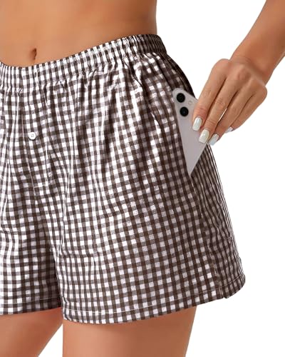 Image of Women Boxer Shorts Summer Gingham Pj Casual Plaid Bottoms with Pocket