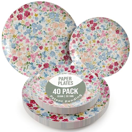 Trendables Floral Paper Plates 8.5 Inch & 10.5 Inch 40 Pcs Dinner Plate Set Fancy Disposable Plates for Party for 20 Guests 20 X 8 & 20 X 10 Large & Small Paper Plate Set for Parties Meadow