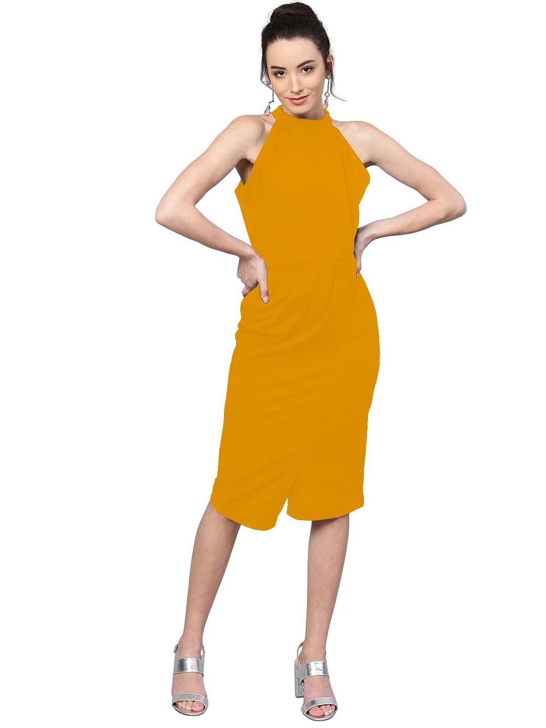 Shasmi Polyester Blend Bodycon Knee-Length Women's Elegant Halter Neck Pleated Flounce Sleeveless Midi Dress (Dresses For Tops_Mustard Yellow_L)