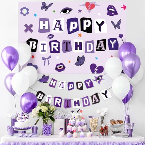 Image of Grencian Purple Birthday Decorations for Women Girls Happy Birthday Backdrop Banner Balloons Cake Toppers for Music Fans Gathering Themed Celebrations Purple Party Supplies