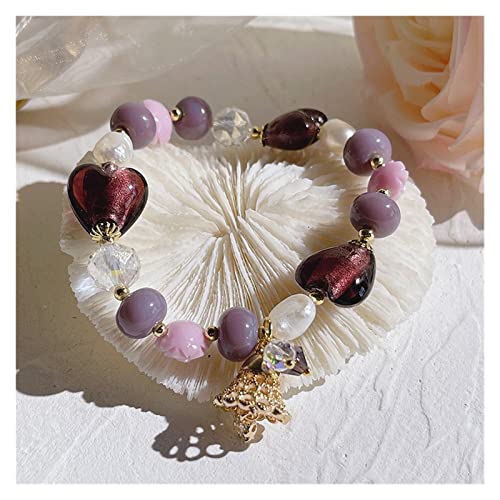 HengYun art Kristall Armband Blume Farbige Glasur Natürliche Süßwasserperlen Kristall Perlen Strang Armbänder for Frauen Modeschmuck (Metal Color : Purple, Size : One Size) Cover