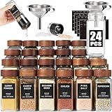 Yangbaga 24Pcs Glass Spice Jars with Labels-4OZ Wood Lid Square Spice Containers with Pepper Grinder Lids &Funnel,Seasoning Jars for Rack Cabinet Drawer