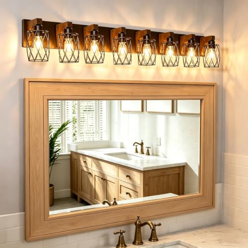 Image of RVONOW 8-Light Farmhouse Bathroom Light Fixtures with Metal Shade | Rustic Bathroom Vanity Light with E26 Base for Bedroom Living Room Hallway, Black