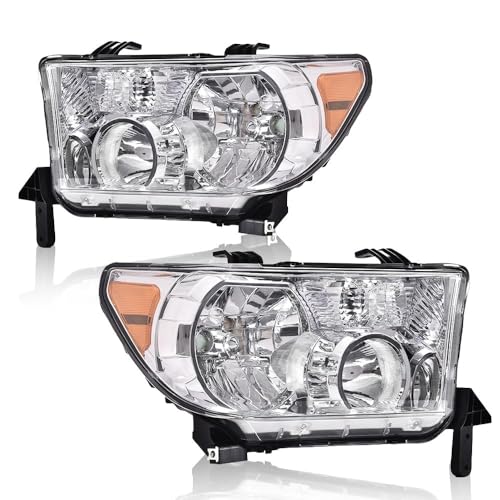 Image of GRAND ORANGE Headlights Assembly Compatible with Toyota Tundra 2007-2013, Fit Toyota Sequoia 2008-2017 Driver & Passenger Side 811100C051 811500C051 TO2503171 TO2502171 Clear Lens Chrome Housing