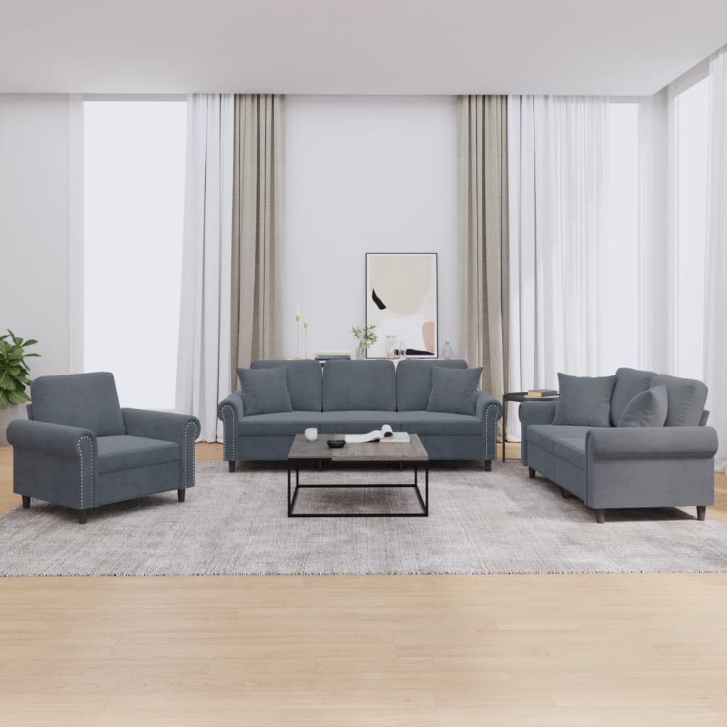 Juego de 3 sofás de terciopelo gris oscuro 92/152/212 cm moderno salón con estructura de metal contrachapado de madera contrachapada, sillón reclinable de 2 plazas, 3 plazas, mini sofá para