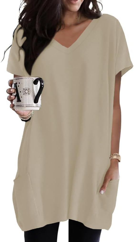 Poetsky Summer Womens Tunic Tops for Leggings with Pockets Vneck Short Sleeve Casual Long T Shirts S-3XL
