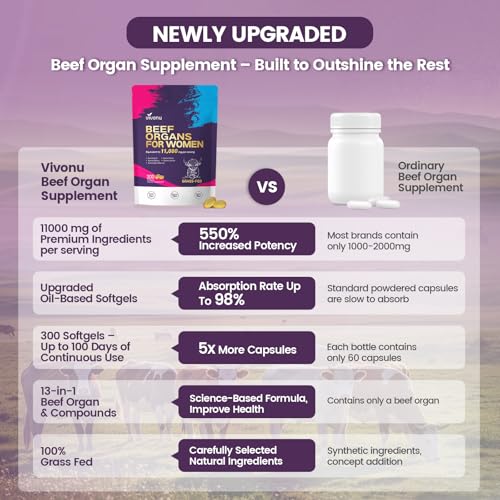 Image of VivoNu Beef Organ Supplement for Women, 400 Day Supply, 11000mg per Serving Beef Organs with Bovine Liver, Ovary, Uterus, Kidney, Heart, Bone & More, 100% Grass Fed, Balance Hormones, Energy