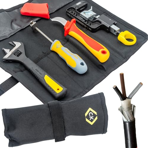 C.K Tools Complete SWA Termination Kit for Professional Electricians - Includes Armourslice Evo Armoured Cable Stripper VDE Sheath Knife Slim Jaw Wrench Gland Wrench in Handy Tool Roll CK T5992