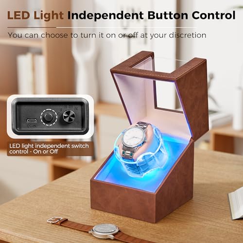 Image of ANWBROAD Watch Winder for Automatic Watches, Quiet Motor Flexible Watch Pillows, 4 Modes Automatic Watch Winder box, Rotating Watch Case with Battery or Type-C Adapter Brown UJWW006Z