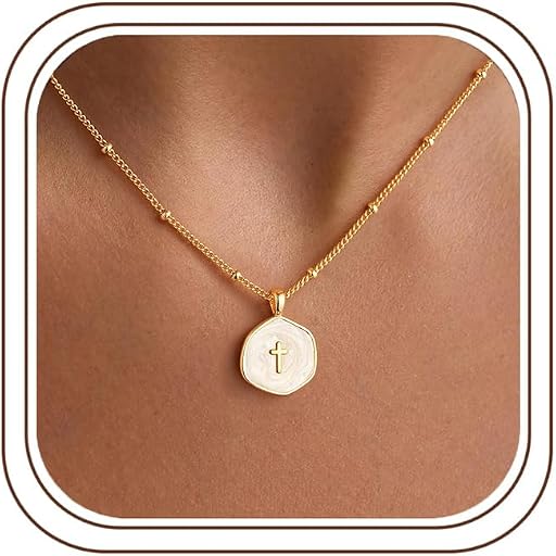M MOOHAM Enamel Mini Cross Necklace for Women Girl, 14K Gold Plated Jewelry