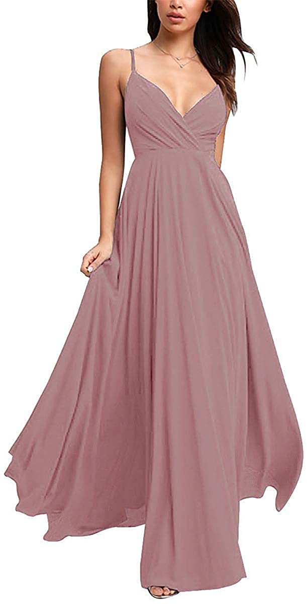 GMAR Spaghetti Strap V Neck Bridesmaid Dresses Long for Wedding Chiffon Prom Maxi Dress for Women