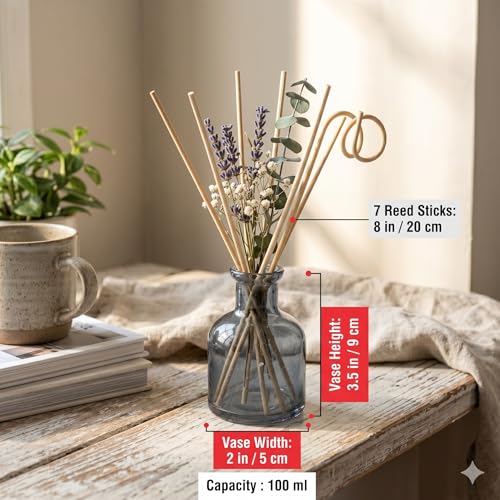 Image of Pure Source India Smoke Grey Glass Reed Diffuser Pot with 7 Premium Reeds | 3.5 Inch Fragrance Oil Vase for Home Decor, Office, Spa, Aromatherapy & Gifting