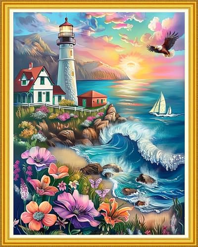 Image of Magxvouy Cross Stitch Kits Stamped Full Range of Embroidery Kits,Cross Stitch Patterns Needlework Kits for Beginners 11CT Printed Kits&Lighthouse Seaside Flowers 16x20 inch