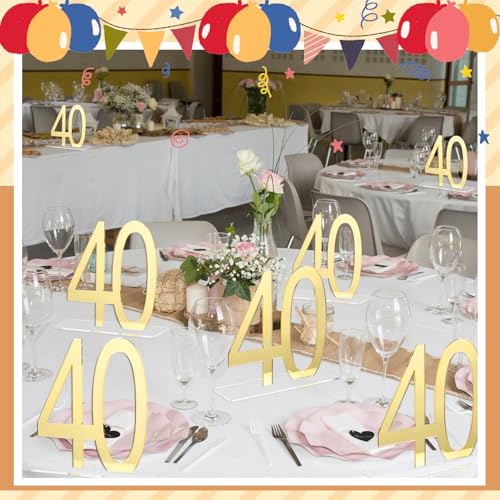 Image of Threehoney 12 Pcs Mirror Gold 40th Birthday Decorations for Men and Women Acrylic Anniversary Decorations Table Numbers Centerpieces for Birthday Party