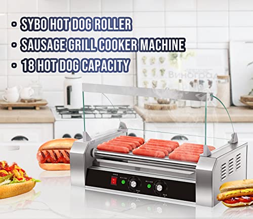 Image of SYBO Hot Dog Roller - 18 Capacity, Non-stick Stainless Steel Rollers, Detachable Glass Cover, 1000-Watts, ETL Certified