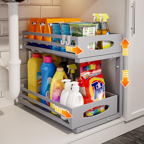 Image of Under Sink Organizer, 2 Tier Under Sink Organizers and Storage, Adjustable Height, Slide out Metal Cabinet Organizers, Pull out Cabinet Storage Drawer Shelf for Kitchen Bathroom (Gray, 1 Pack)