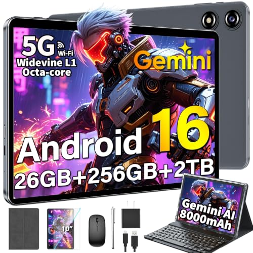 Image of Android Tablet with Keyboard, Android 16 Tablet with 26GB+256GB+2TB Expand, Gemini AI, 10 inch Tablet with 8-Core, 5G WiFi, 8000mAh, GPS, Electronic 2 in 1 Tablet PC with Case, Mouse, Stylus (Silver)