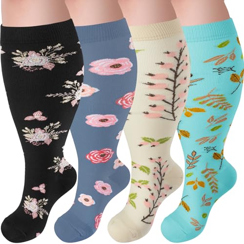 Image of 4 Pairs Plus Size Compression Socks,Extra Wide Calf 20-30 mmHg Knee High Compression Socks for Men Women Circulation
