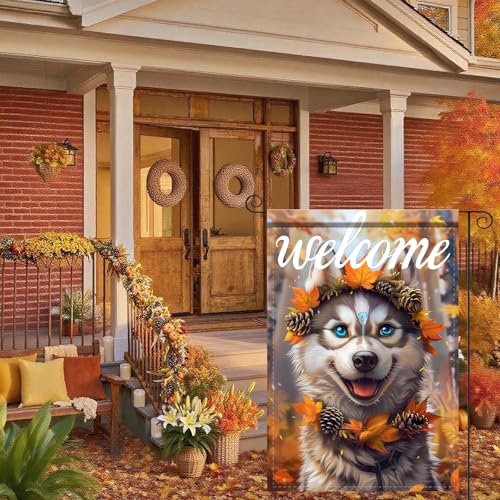 Image of Nuxovilar 12x18 inch Husky Dog Autumn Leaf Wreath Flag