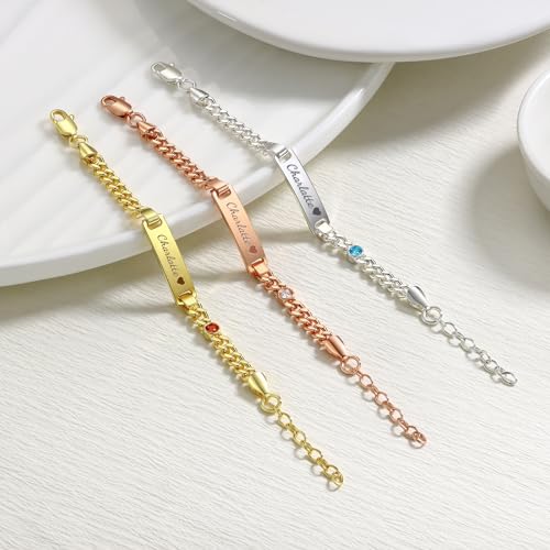 Personalized Baby Birthstone Name Bracelet with 18k Gold Plated Adjustable Length in Rose Gold, Argent, Gold2