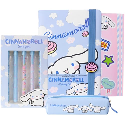 Get Trend Hello Kitty Gifts Cinnamoroll Stationary Set Cute Notebook Pens Kawaii Pencil Case Anime Stickers Journal Accessories Gift for Teens (Blue Cinnamoroll)