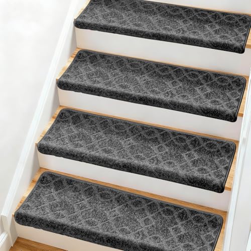 YEERSWAG Bullnose Carpet Stair Treads, Stairs Carpet Non Slip 14 Pack, Stair Step Rugs 30'x9.5'x1.7', Soft, Reusable, Peel and Stick Stair Treads for Wooden Steps Indoor (Grey, Diamond Pattern)