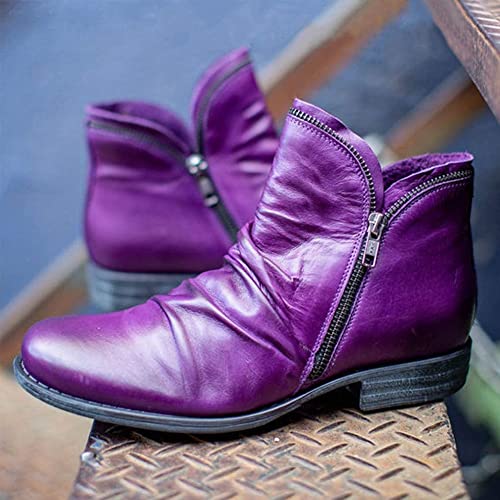 HOTRA Ankle Boots with Zip Soft Leather Low Heel Wide Fit Bootie Slippers Ladies Work Boots (Color : Purple, Size : 8 US)