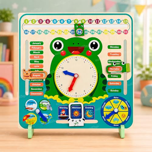 Image of Zest 4 Toyz Wooden Calendar Clock Toy for Kids Learning Calendar Board with Months Days Seasons Weather Shape Recognition Educational Toys for Kids Montessori Preschool Activity Toy for Kids 3+ Years