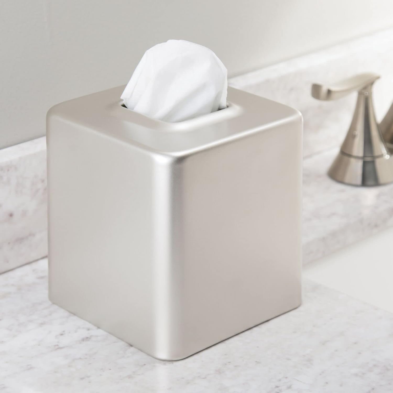 mDesign Steel Square Tissue Box Cover, Modern Facial Tissue Holder for Bathroom Vanity Countertops, Bedroom Dressers, Night Stands, Desks, Office and Tables - Unity Collection - Satin