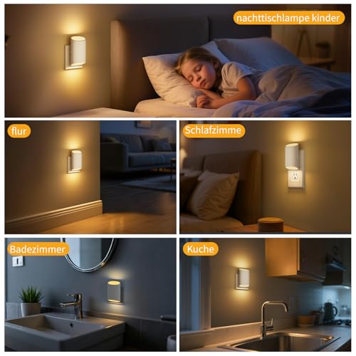 Nachtlicht Steckdose, Nachtlicht mit Bewegungsmelder und Dämmerungssensor, 2 Stück Nachtlicht Kinder mit Auf- und Abbeleuchtung 3000K Warmweißes 7 Einstellbare Helligkeitsstufen für Flur, Kinderzimmer
