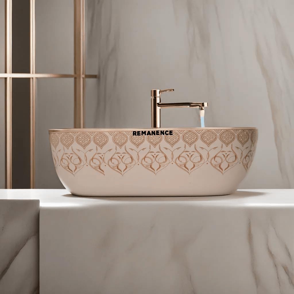 REMANENCE Premium Designer Table Top Ceramic Wash Basin For Bathroom | Over Counter Bathroom Basin | Counter Top Bathroom Sink (18 x 13 x 5.5 Inch) (AD 98 Moreccan GoldYellow Design)
