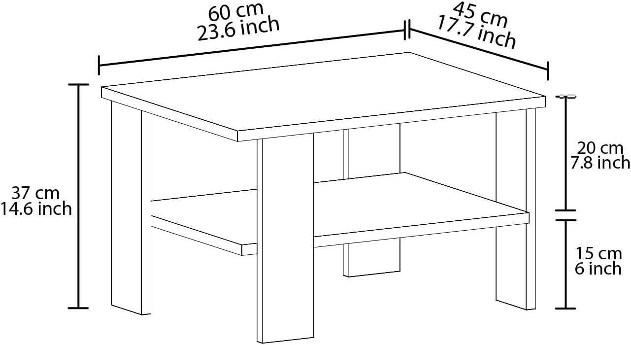 Modern White Coffee Table with Wall-Mountable Design, 60 x 37 x 45 cm, 100% Melamine Coated Particle Board, 18 mm Thick, Stylish & Functional with Multiple Shelves