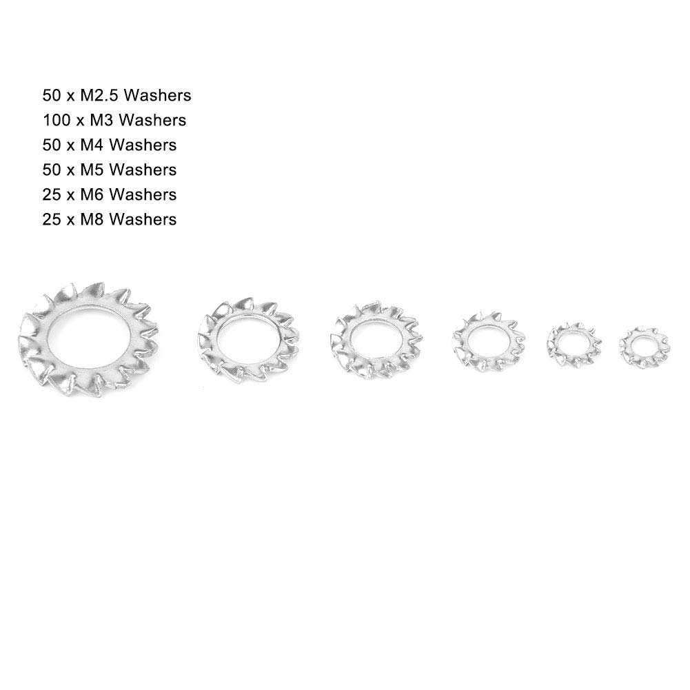 300pcs External Tooth Lock Star Washer Stainless Steel AntiLoose Gasket Washers Lock Washers Assortment Kit M2.5 M3 M4 M5 M6 M8 - Image 4
