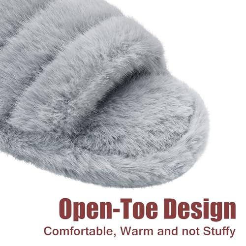 ZOORON Women's Fuzzy Slippers with Memory Foam Comfy Faux Fur Anti-Skid Sole Slippers for Women Bedroom House Shoes Open Toe Grey(11-12)2