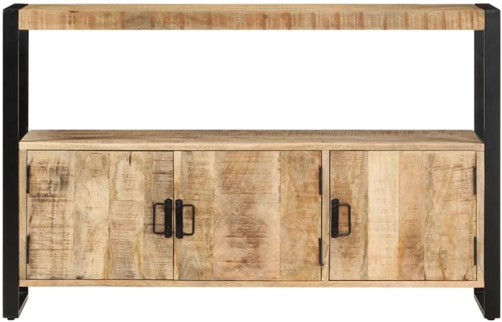 Industrial Solid Mango Wood Side Cabinet with Powder-Coated Steel Frame, 3 Doors and Built-in Shelf for Spacious Storage, Modern Rustic Furniture for Living Room Hallway