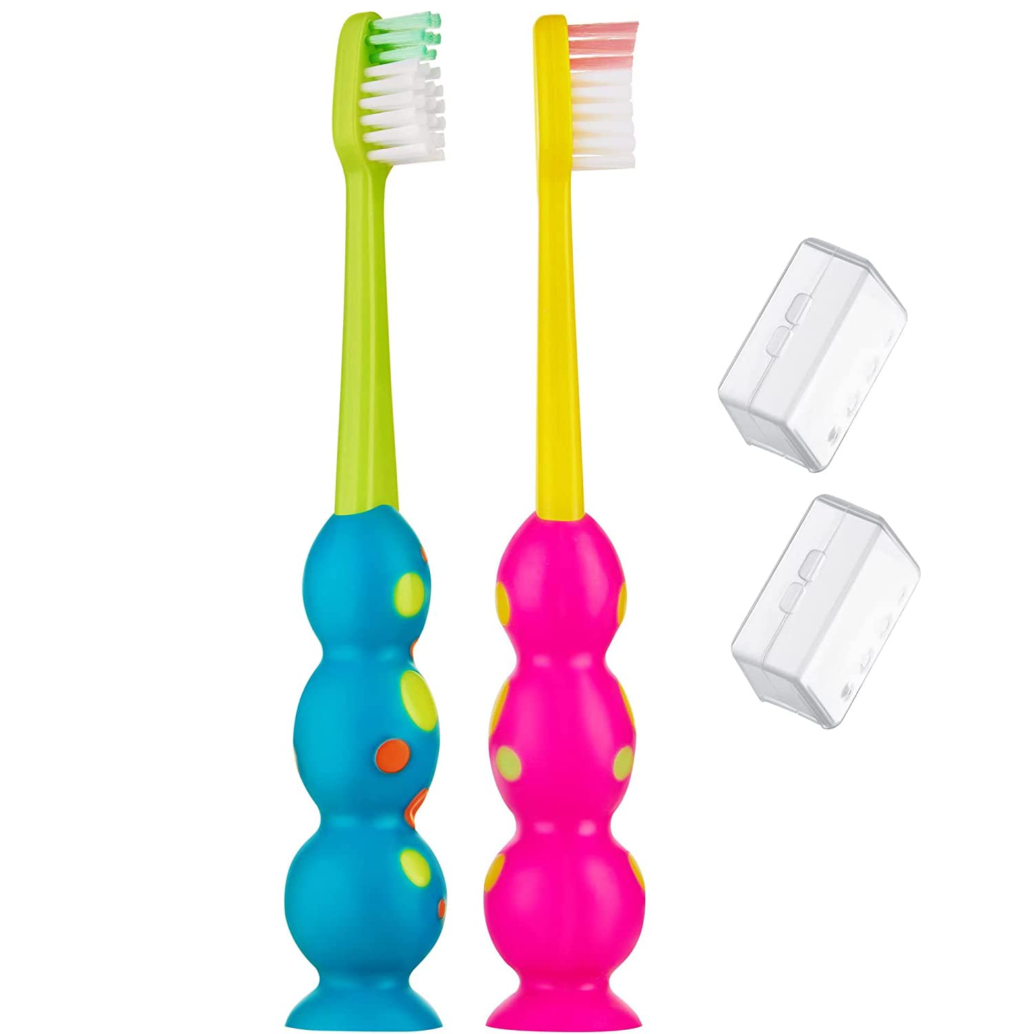 Trueocity Kids Toothbrush 2 Pack - Soft Contoured Bristles - Child Sized Brush Heads (3-10 Year Old) - Suction Cup for Fun &amp; Easy Storage - Girl &amp; Boy Set (2-Pack, Multi-Color)