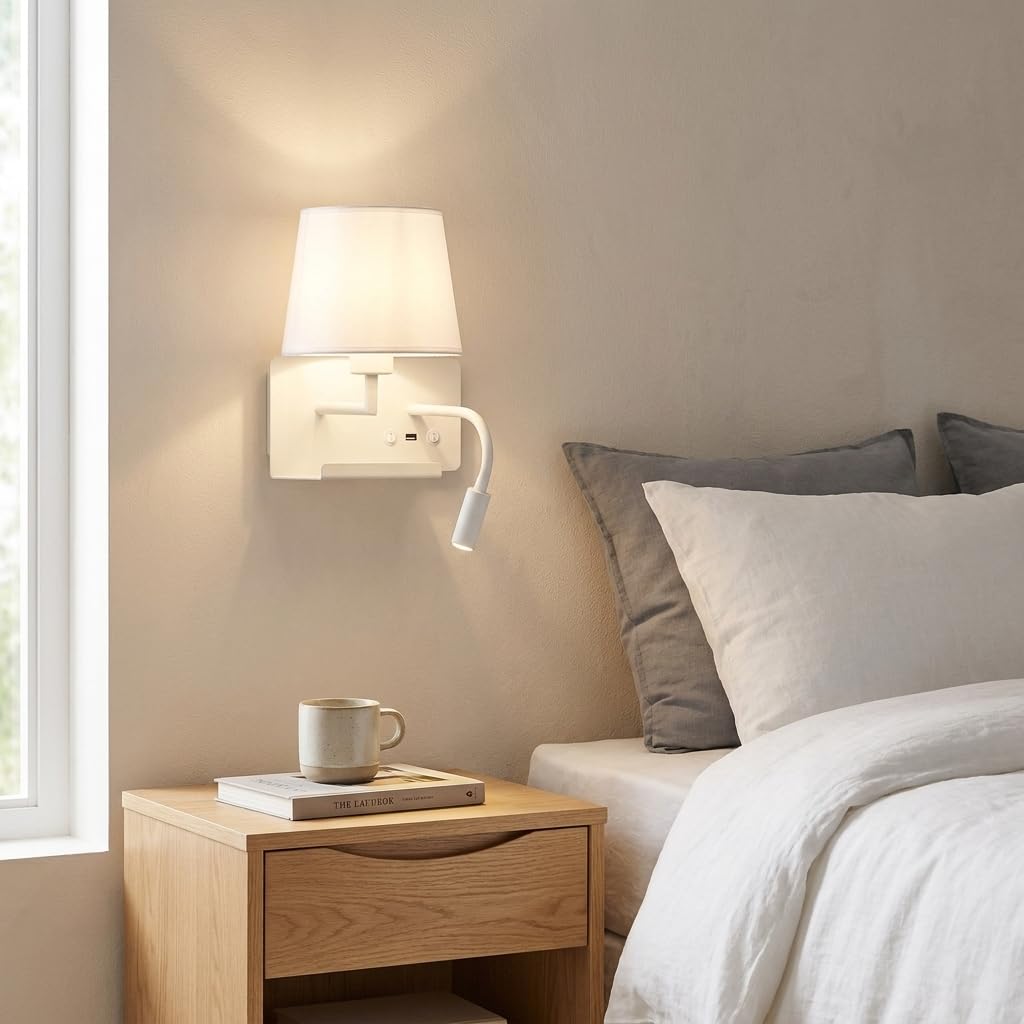 BARCELONA LED Wandleuchte mit USB-Anschluss und Ablage, Leselampe für Bettkopfteil mit E27-Fassung, schwenkbare LED-Leseleuchte 3W 2700K, Stoffschirm für Schlafzimmer, Hotelzimmer, Weiß