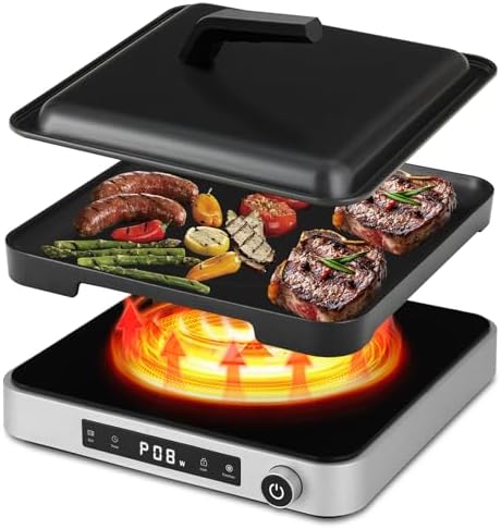 Induction Hob with Griddle and Cover - 2000W Induction Hob + Elec...