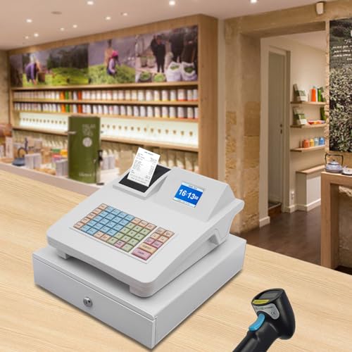 Cash Register 48-Button LCD Digital POS System Cash Management System Terminal Printer,1000PUL|200 Dept|50 Clerks|8 Payment Terms,Money Detector Lamp,Reporting Function,White